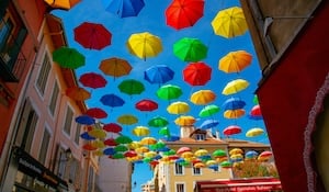 Bridge of umbrellas covering the gap
